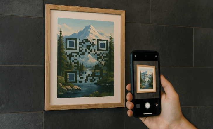 Uma pessoa escaneia uma cena de lago e montanha emoldurada com um código QR com IA, numa parede de pedra