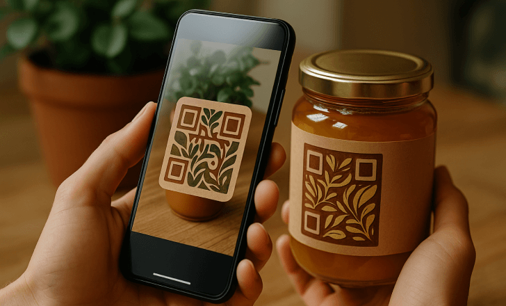 Pessoa escaneia um código QR com IA inspirado na natureza em uma etiqueta de pote de mel usando um smartphone