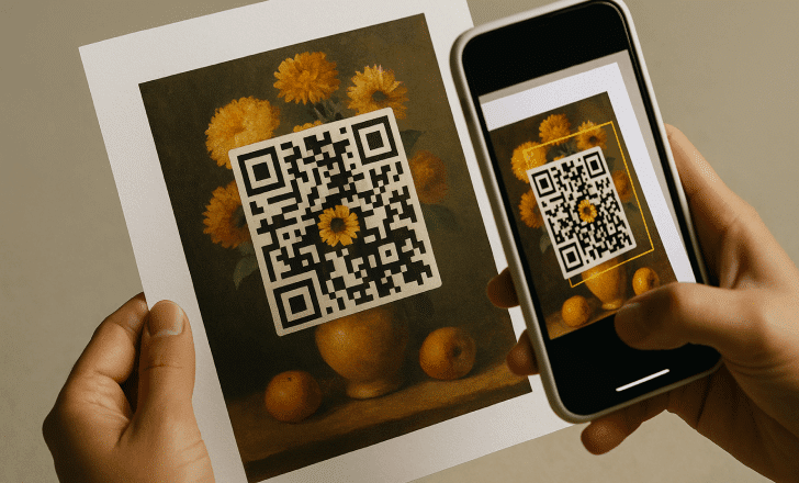 Pessoa escaneia um código QR impresso integrado a uma pintura de natureza-morta usando um smartphone