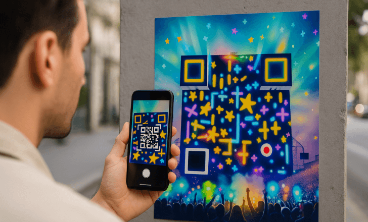 Pessoa escaneia um pôster artístico com código QR gerado por IA numa parede da cidade