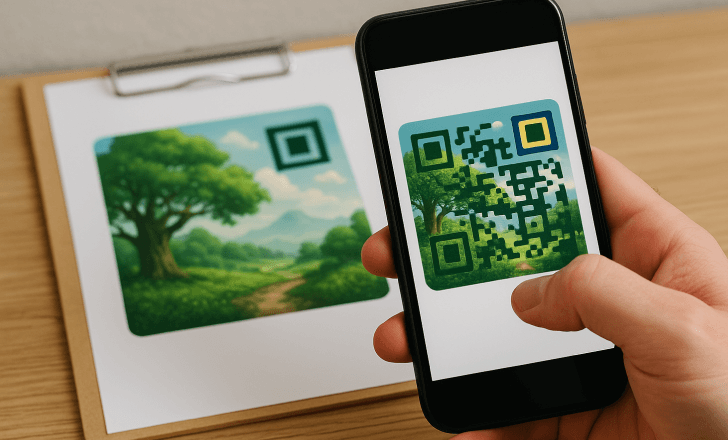 Smartphone exibe um código QR com IA com tema de floresta, comparado a uma versão impressa numa prancheta