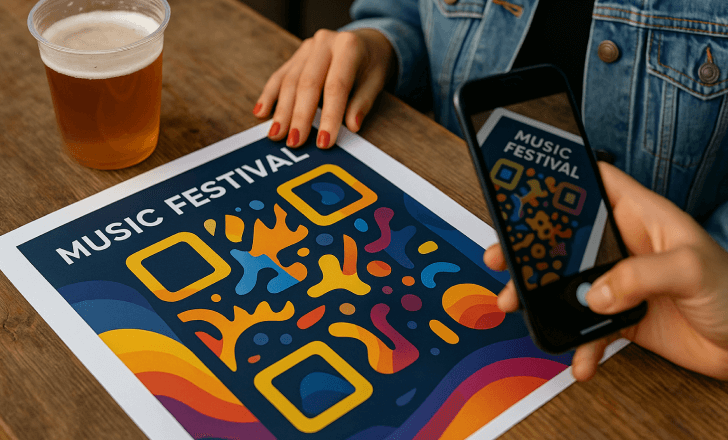 Mulher escaneia um código QR vibrante em um cartaz de festival de música com o smartphone