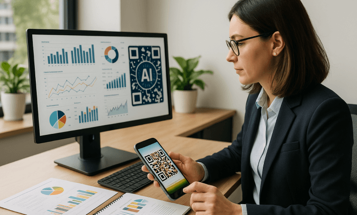 Empresária integrando IA e códigos QR usando painel de análise de dados