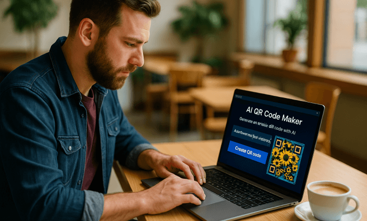 Homem usando laptop para criar códigos QR com IA em café