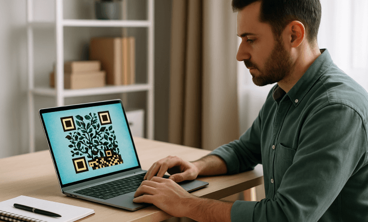Homem trabalhando em laptop exibindo um código QR artístico