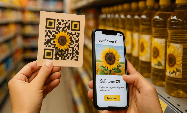 Escaneando código QR artístico em flyer com página de óleo de girassol no telefone