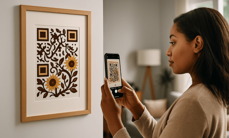 Seis cartões com códigos QR em diferentes combinações de cores expostos sobre superfície de madeira