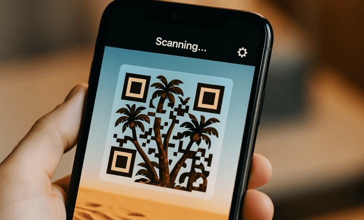 Smartphone escaneando um código QR artístico com desenho de palmeira