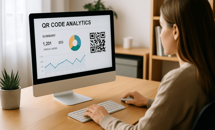 Mulher analisando análises de escaneamento de código QR no computador