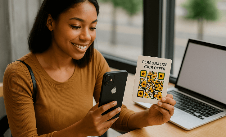 Mulher escaneando código QR artístico em cartão promocional com smartphone