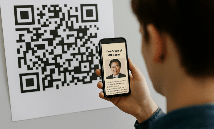 Uma pessoa escaneia um código QR impresso em grande formato, e a tela do celular exibe uma landing page com Masahiro Hara e a origem dos códigos QR.