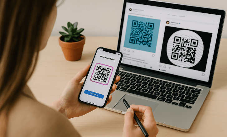 Uma mulher está sentada à mesa criando um código QR artístico no celular, enquanto a tela do notebook exibe dois designs de códigos QR postados nas redes sociais.