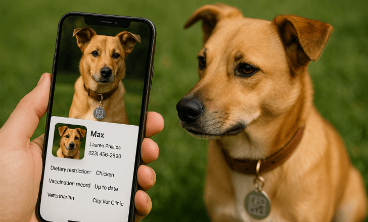A person scanning a dog’s digital pet tag with a smartphone, while the dog sits calmly.