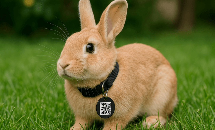 A rabbit in a backyard wearing a collar with a digital pet tag showing a QR code.
