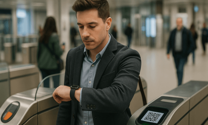 A traveler at an airport boarding gate showing a boarding pass QR code on their smartwatch to the gate scanner.