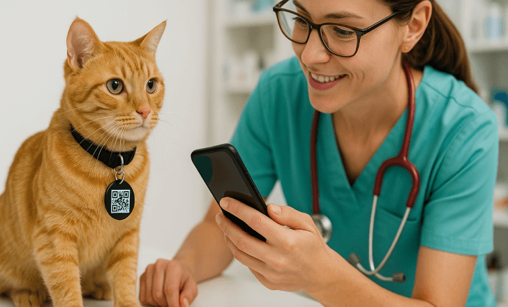 A veterinarian scanning a cat’s QR code tag during a checkup at the clinic.