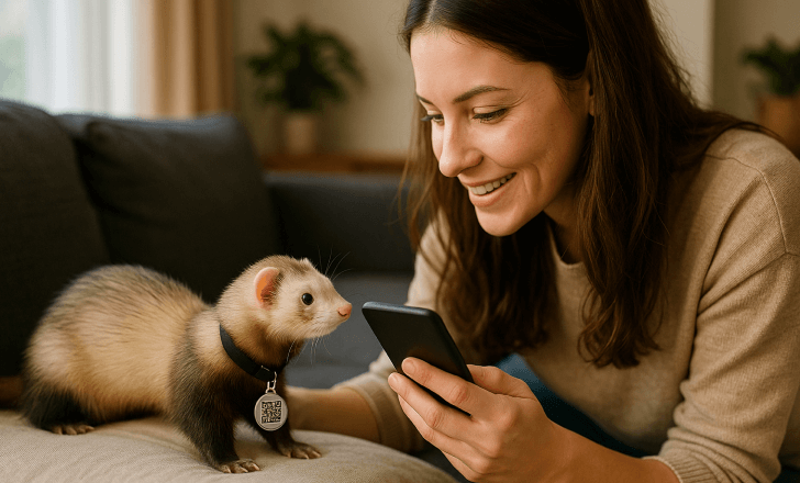 A woman happily scanning her ferret’s QR code tag while it sits on a sofa.
