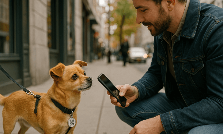 An animal shelter worker scanning a dog’s collar with a digital pet tag to identify its owner.