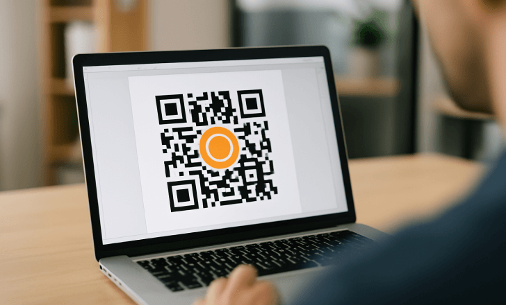 Branded QR code with a centered logo displayed on a laptop screen.