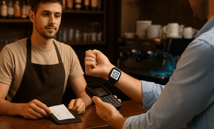 Customer at a café bar paying with a smartwatch QR code while the bartender holds the bill behind the counter.
