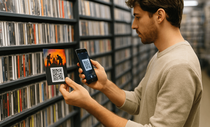 Fan scanning a QR code music card inside a record store.