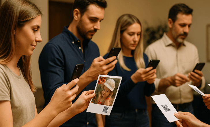 Group of parents scanning QR codes on printed photos to access a shared digital album.