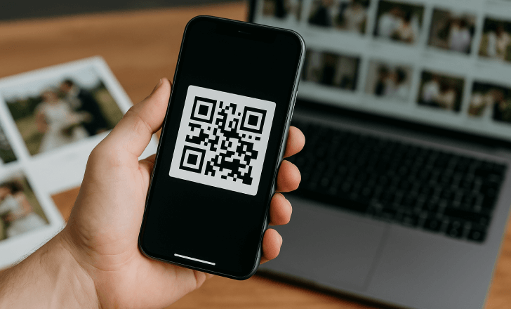 Guest holding a phone with a QR code displayed, ready to scan and access wedding photos.