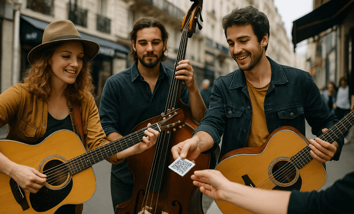 Indie band sharing QR code music cards during a street performance.