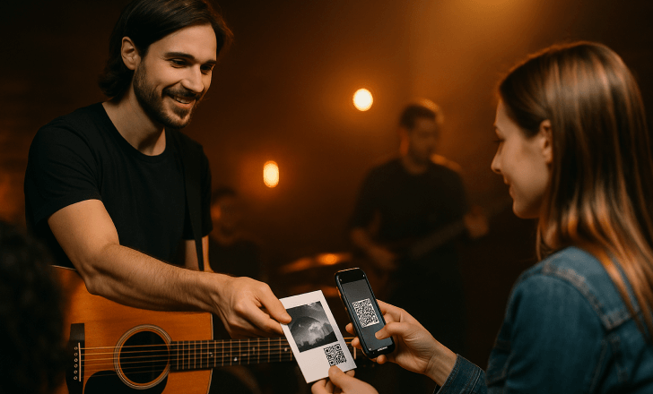 Musician giving a QR code music card to a fan at a live show.