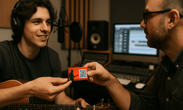 Musician handing a QR code business card to a producer in a recording studio.