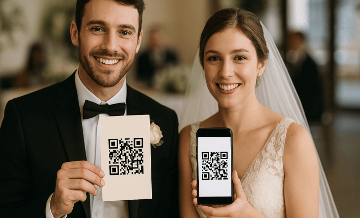 Newlywed couple smiling while showing a QR code on a wedding program and smartphone for photo sharing.