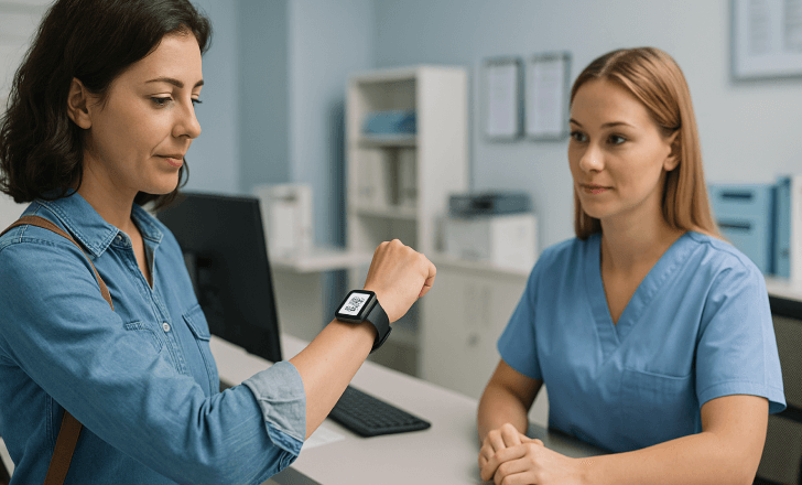 Patient showing a smartwatch QR code to a receptionist at a hospital front desk.