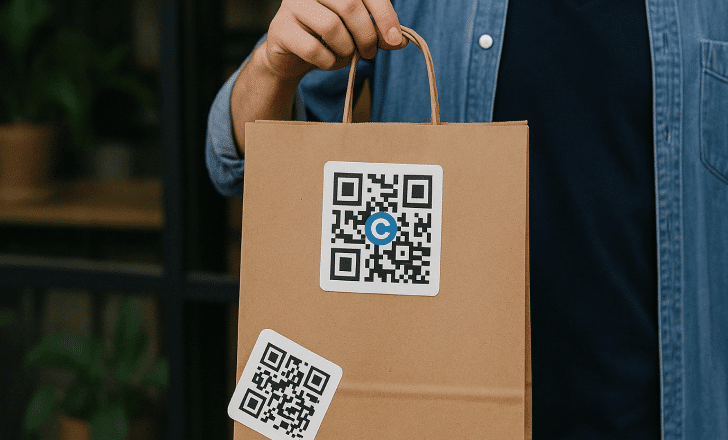 Person holding a brown shopping bag with a QR code sticker at the center