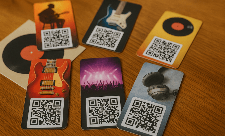Several QR code music cards with musical album covers on a wooden table.