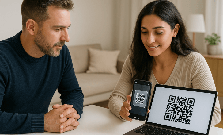 Shoppers scanning a QR code on a promotional display to unlock behind-the-scenes campaign photos.