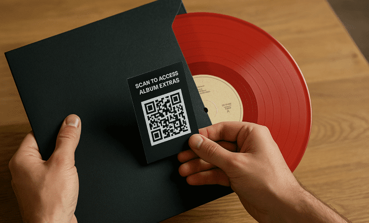 Vinyl record package including a QR code music card for album extras.
