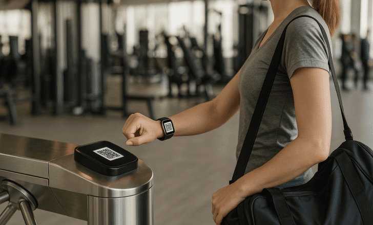 Woman scanning a smartwatch QR code at a gym entrance turnstile while carrying a sports bag.