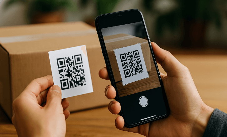 A person scans a QR Code on a small white card using a smartphone, with a cardboard box and plants blurred in the background.