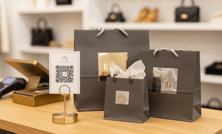 Boutique checkout counter with a QR code stand next to branded bags.
