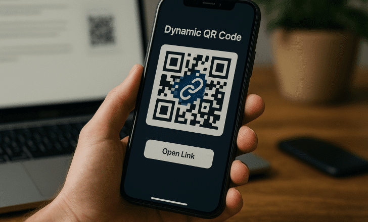 Close-up of a smartphone displaying a dynamic QR code on screen with the option to open a link