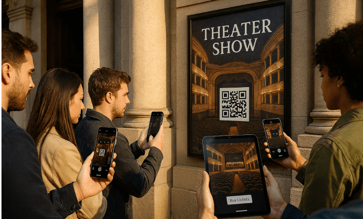 Four people scanning a theater poster QR code with smartphones and a tablet showing a ticket purchase landing page, without extra arms in the frame