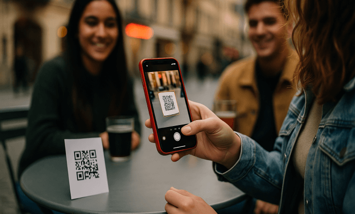 Friends at an outdoor café while one person scans a QR code on the menu with an iPhone.