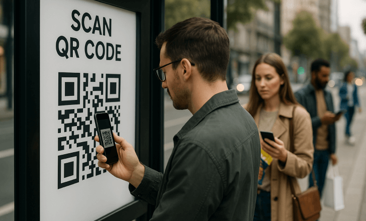 People in a city street scanning QR Codes, one on a bus stop poster and another on product packaging, illustrating real-world marketing use