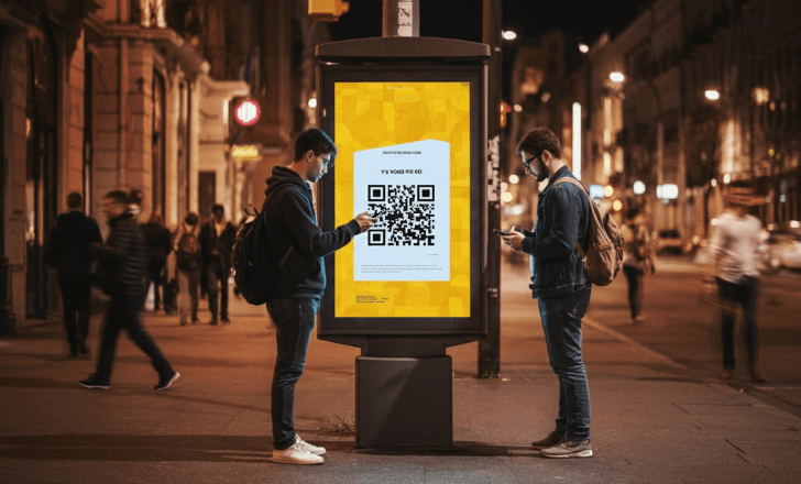 People scanning a QR code on a large street poster outdoors