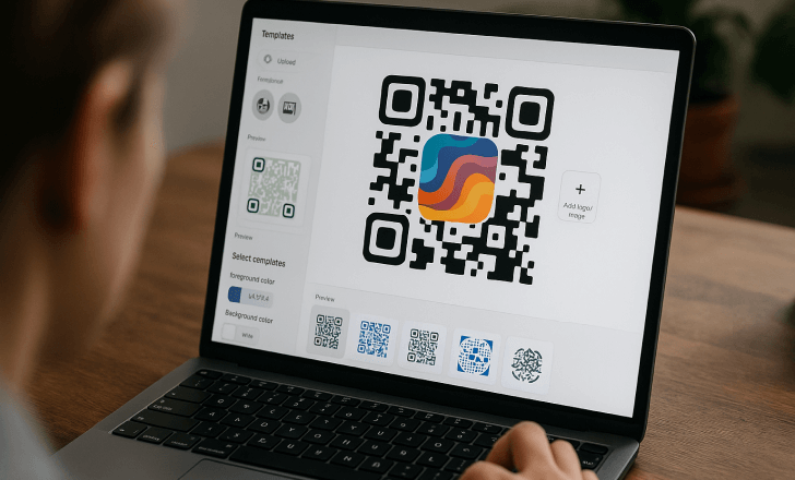 Person customizing a colorful artistic watermark QR code on a laptop using advanced design templates and options