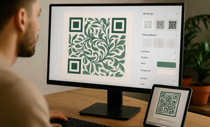 Person designing an artistic QR code with leaf patterns on a computer screen using customization software.