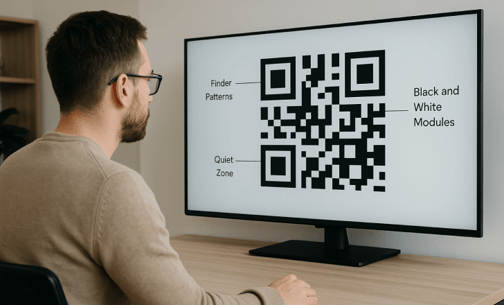 Person in an office looking at a large screen displaying a QR Code diagram with finder patterns, quiet zone, and black and white modules labeled