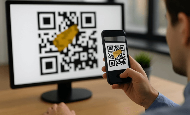 Person scanning a damaged QR Code on a monitor with a smartphone, showing that the code still works thanks to error correction.