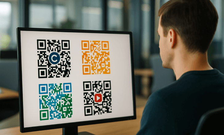 Professional in a modern office looking at a computer screen displaying several customized QR Codes with creative colors, logos, and patterns