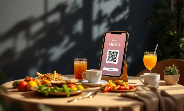 Restaurant table with a QR code stand for accessing the menu.